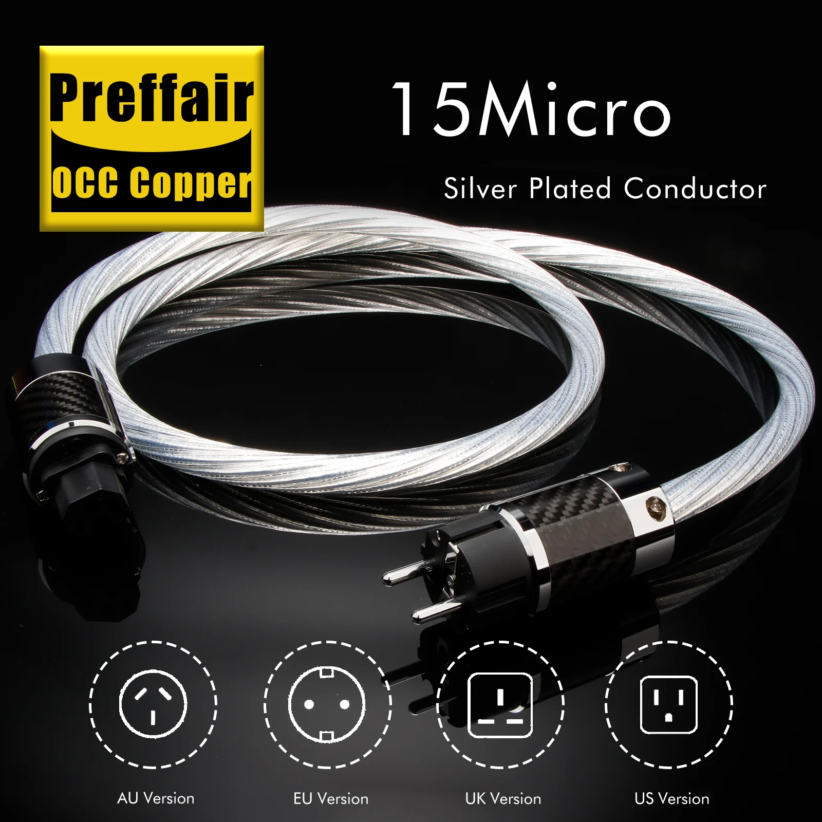Фото Кабель питания Preffair Hi-end OCC с серебряным покрытием, Hi-Fi аудиокабель, шнур питания US/EU/AU с серебряным покрытием для усилителя, фильтр. №1