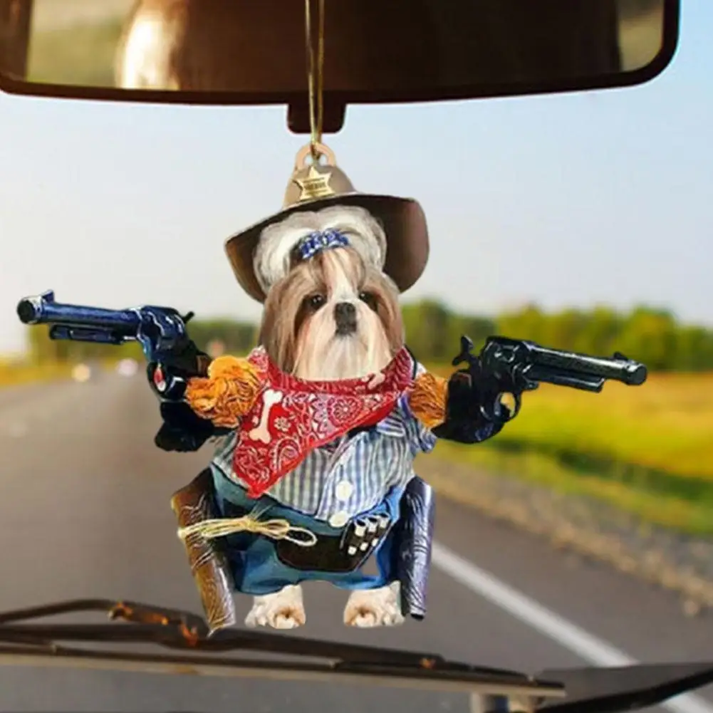 

Cute Cowboy Double Gun Dog Model Car Pendant Funny Auto Keychain Rearview Animal Mirror Ornament Cartoon Accessories C6W0