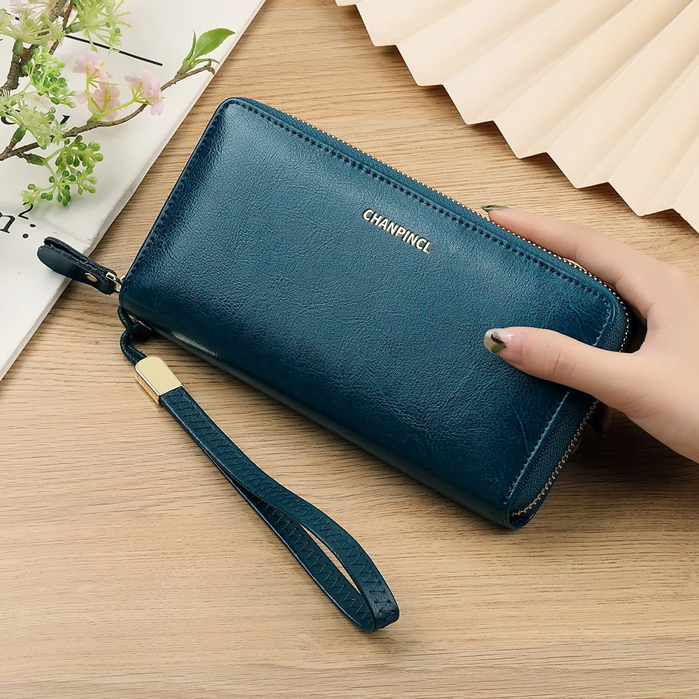 New Women Oil Wax Genuine Leather Wallets Female Big Capacity Hasp Zipper Purses Ladies Long Wristlet Clutch Coin Card Holders