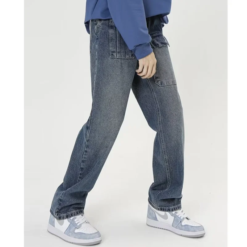 Men Clothing 2022 New Large Pocket Design Blue Jeans Temperament Versatile Wide Leg Straight Cylinder Cargo Pants Autumn Female