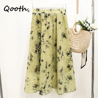 qooth women spring summer mid length printed skirt elegant high waist vintage retro fashion a line skirt qt1837