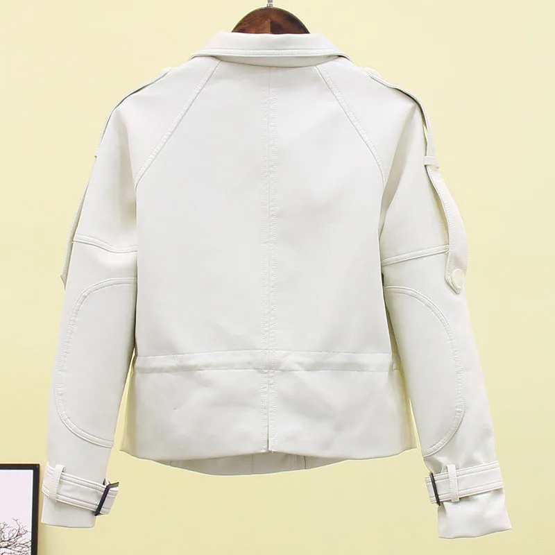 Slim Skinny Girl's  Motorcycle Jacket Women's Spring  Autumn Korean Short Waist Collection PU Leather Coat Drawstring Top