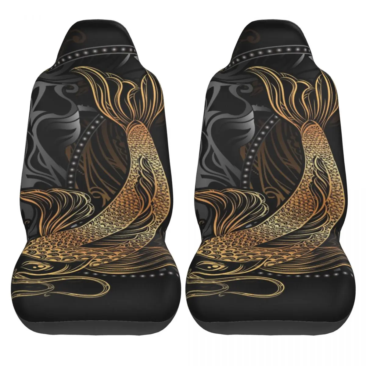 

2 pcs Car Seat Cover Bohemia Gold Koi Carp With Lotus And Florid Universal Wear Dirt-resistant Protector for Car Easy Cleaning