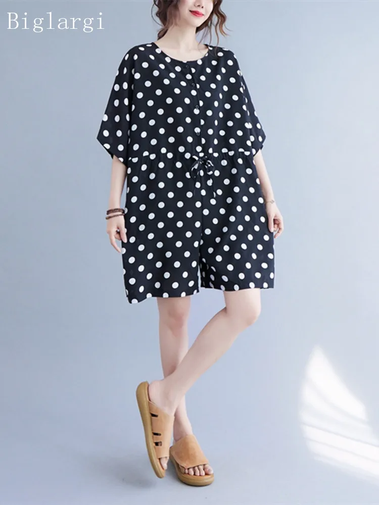 

Summer Casual Jumpsuit Women Dot Loose Pleated Ladies Jumpsuits Fashion Wide Leg Woman Short Jumpsuit 2023