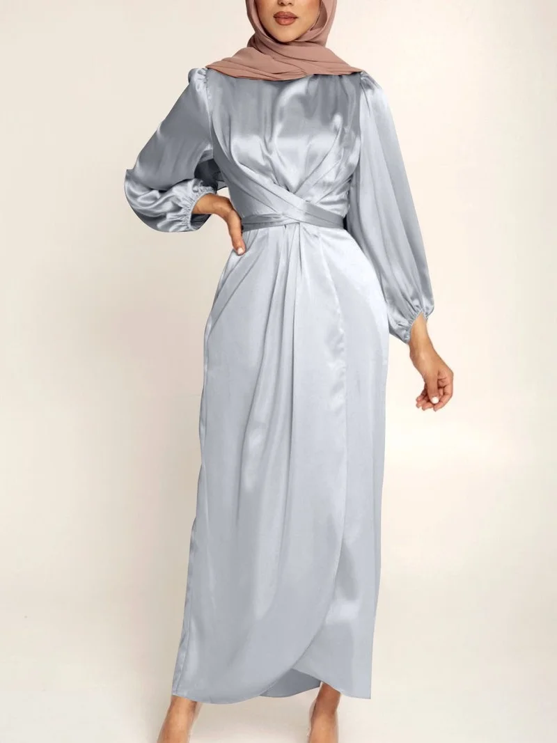 

Arab Islamic Dress Dubai Satin High Waist Abaya Women Muslim Dress Soft Elegant Corset Long Sleeve Robe Marocain Kaftan Caftan