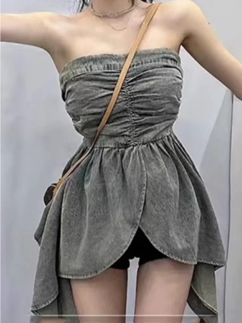 Ретро нестандартные джинсовые женские топы на бретелях с разрезом шее узкие