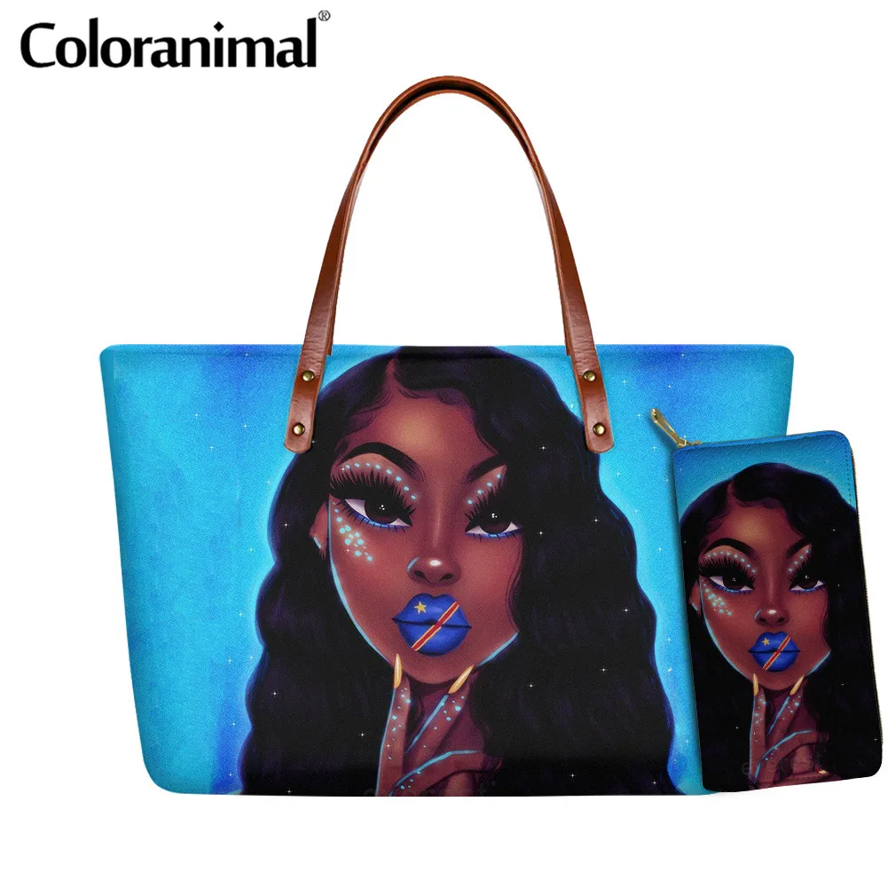 

Coloranimal Fashion Make-up Arican Girl Pattern Tote Bag for Women Large Capacity Handbag Girls 2Pcs Shoulder Bag&Leather Wallet