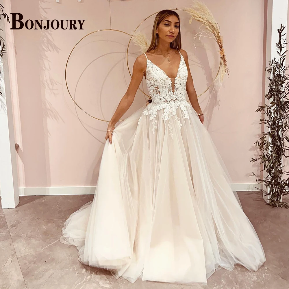 

BONJOURY Modern A-line Wedding Dresses For Woman 2024 Bride Spaghetti Straps V-neck Appliques Tulle Customised Robe De Mariée