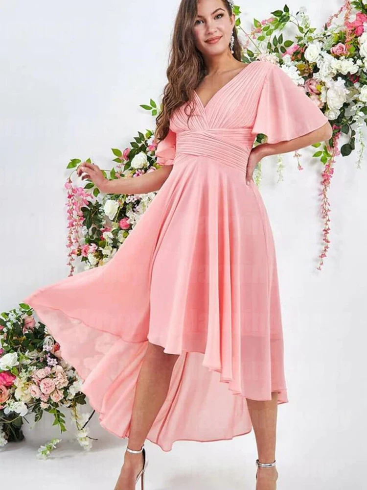 

Женские шифоновые платья подружки невесты с V-образным вырезом, Высокие Низкие плиссированные Формальные Вечерние платья с рукавами-фонариками и карманами