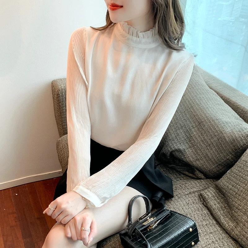 

Wood stand collar chiffon shirt for women in spring, new French lantern sleeve shirt, chic and fairy coat, 985i,hai,0314-4