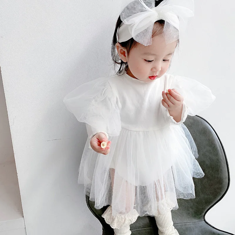 2023 New Children's Wear Baby Long Sleeve Bodysuit Spring Korean Edition Bubble   Romper Princess Dress  Outwear