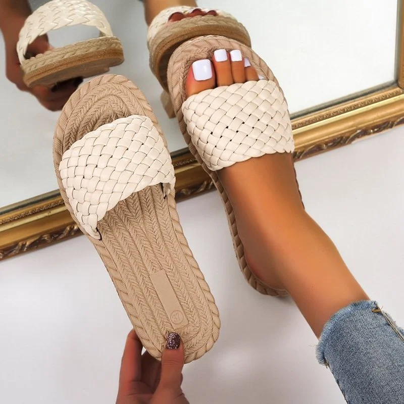

Flats Slippers Weave Sandals 2022 Summer New Classic Flip Flops Open Toe Slingback Women Shoes Dress Mules Shoes Casual Slides