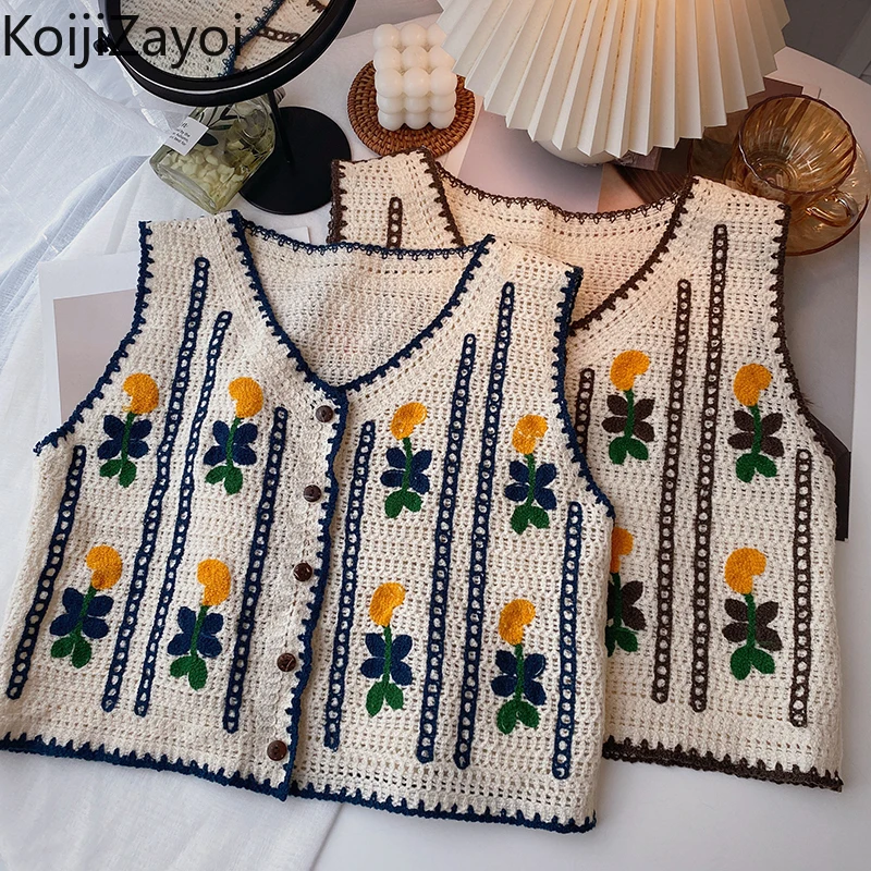 

Koijizayoi Women Embroidery Flower Camis Sleeveless Fashion Vintage Single Breasted V Neck Tanks Spring Summer Sweet Vest 2022
