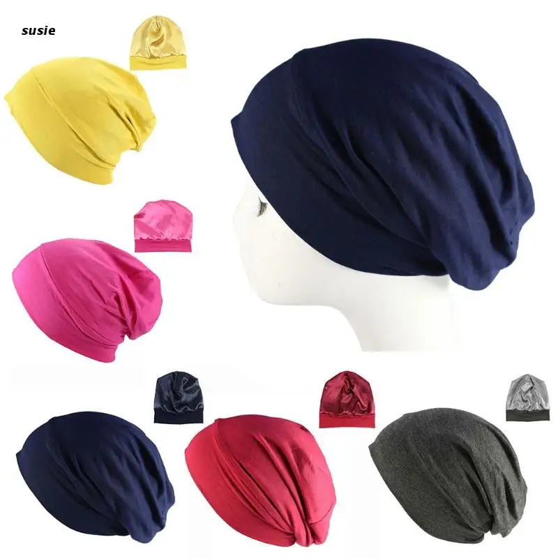

Solid Color Modal Satin Wide Brim Nightcap Cotton Chemotherapy Hat Sleeping Hat