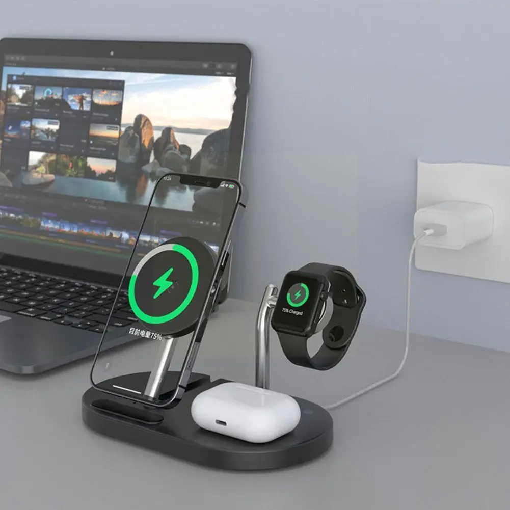 

Магнитная Беспроводная зарядная подставка 3 в 1 для iPhone 13 12 11 Pro Max для Apple iWatch 6 SE для Airpods 2 15 Вт Быстрая зарядка St F7M8