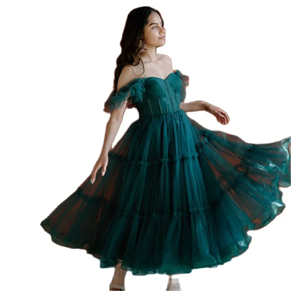 

Dark Green Midi Prom Dresses Spaghetti Straps Tiered Tulle Prom Gowns Sweeheart Ankle-Length Wedding Party Dress
