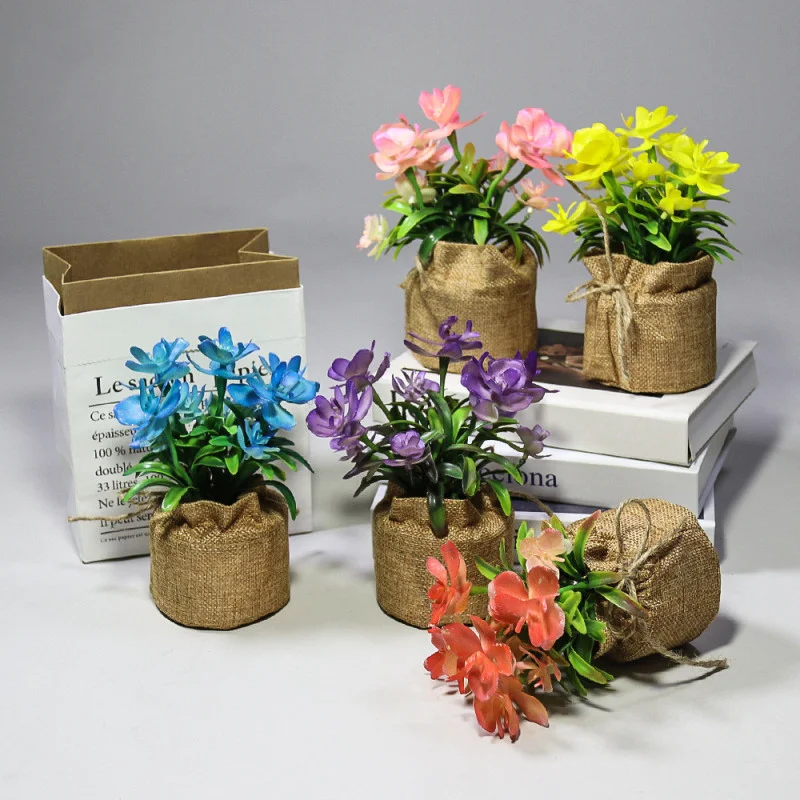 

New Simulation Bonsai Hemp Rope Bag Potted Flower Artificial Phalaenopsis Fake Plant For Desktop Wedding Hotel Office Decoration