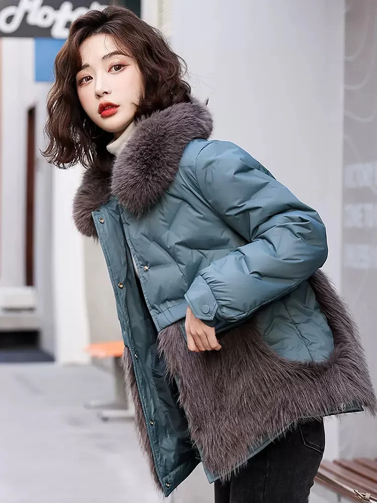 New Women Down Jacket Winter Casual Fashion Turn-down Collar Faux Fur Splicing White Duck Down Coat Thick Warm Outerwear Female