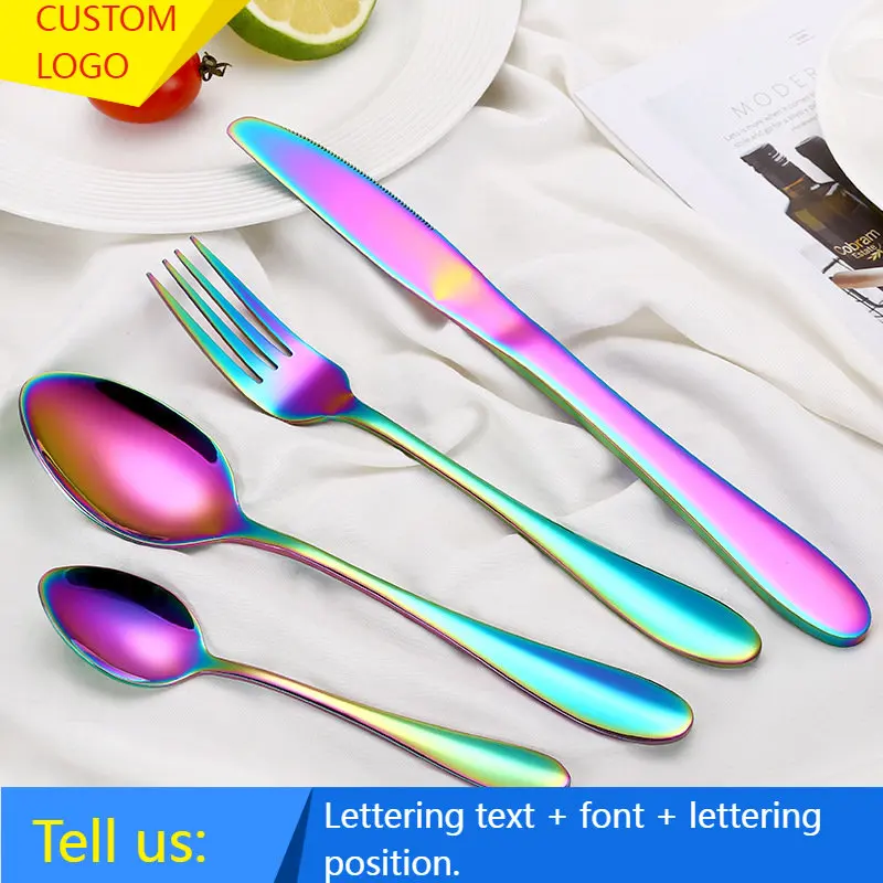 Custom Rainbow Tableware Stainless Steel Cutlery Set Kitchen Cutlery Holder Fork Spoon Set Forks Knives Spoons Dinner Set