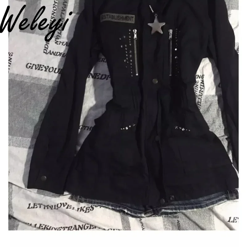 Готическая черная куртка с лацканами женская осенняя американская ретро-мода