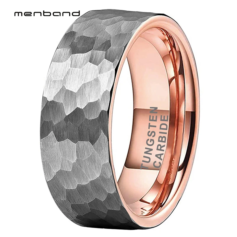 

6mm 8mm Rose Gold Wedding Band Tungsten Carbide Engagement Rings Multifaceted Hammered Brushed Finish Comfort Fit