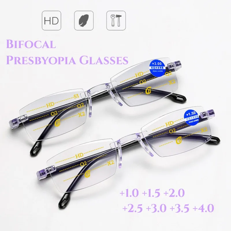

Men Women Reading Glasses Bifocal Progressive Anti Blue Light UV Protecivet Eyesglasses Near And Far Diamond Cut Rimless Eyewear