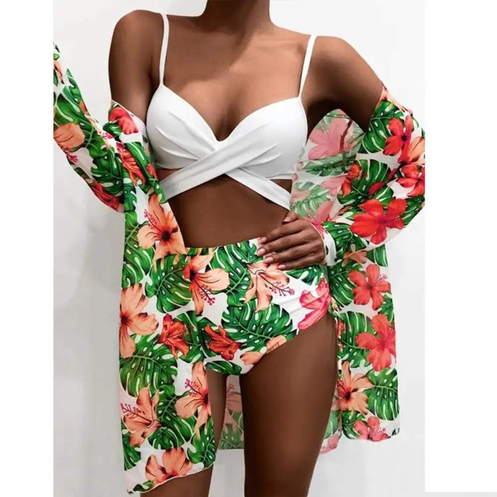 

Floral Twist Low Waist Bikini Set Cover Up Swimsuit Padded Bandage Bra Briefs Three Pieces Swimwear 2022 Beach Bathing Suits