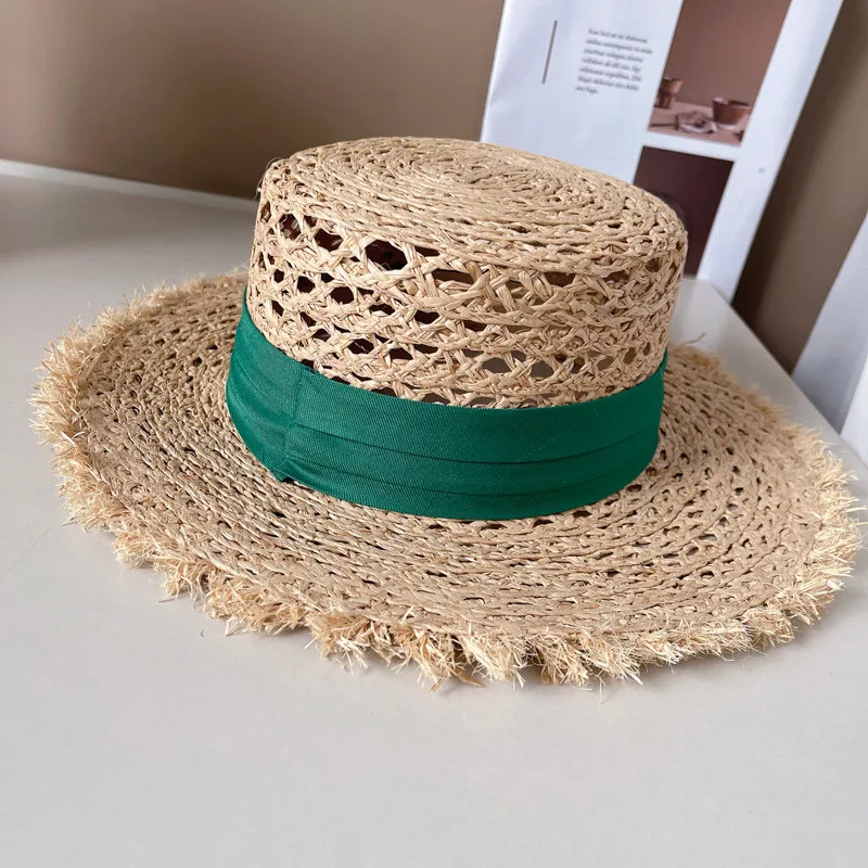 

202303-2508373 ins handmade raffia grass dropshipping summer hollow out color ribbon burrs fedoras cap men women panama JAZZ hat