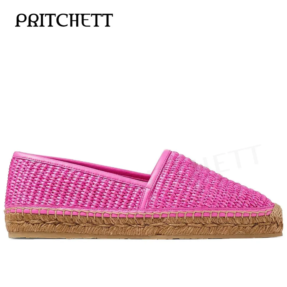 Rose Red Straw Woven Casual Flat Shoes Round Toe Straw Woven Mid-Heel Hollow Shoes Apricot Color Comfortable Daily Women's Shoes