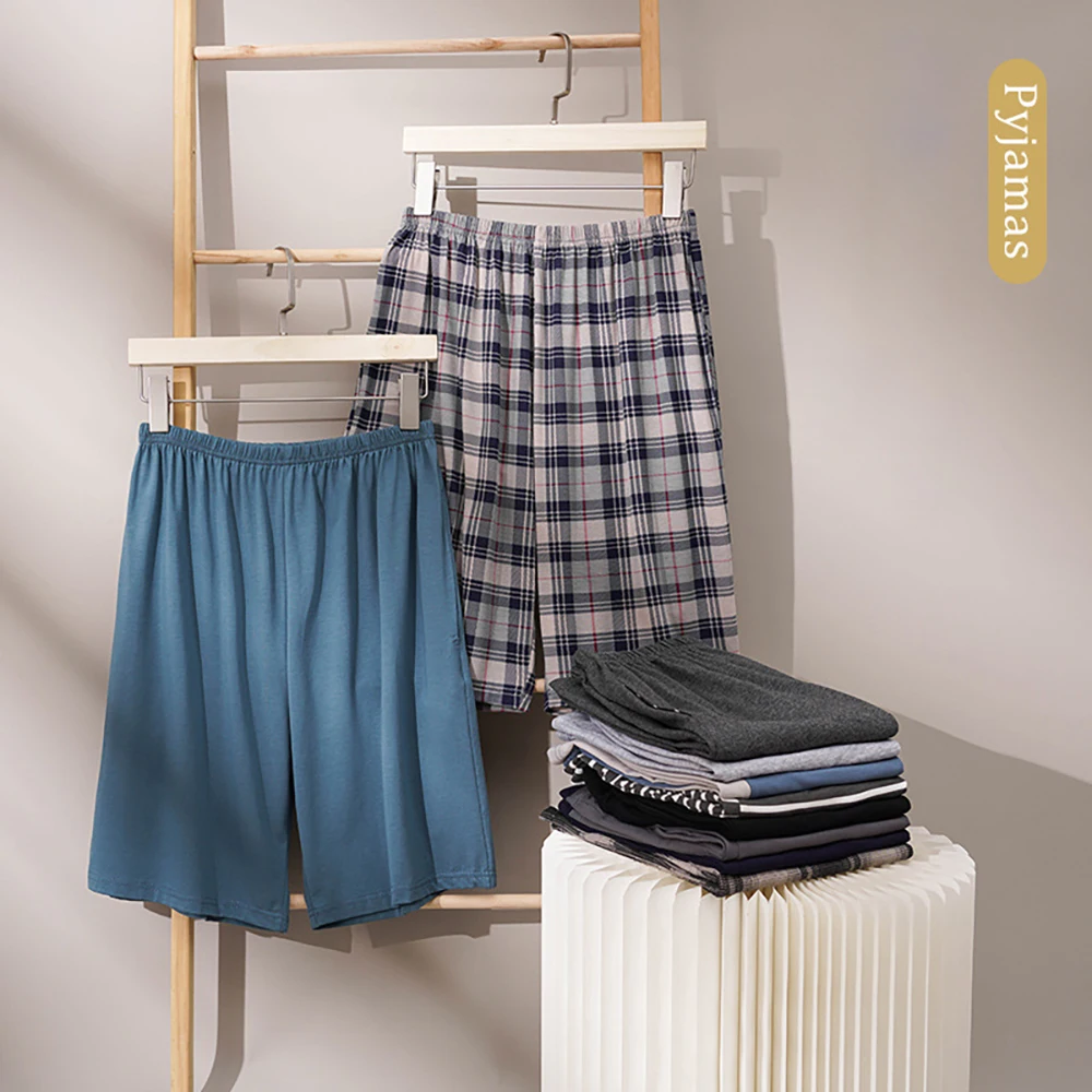 4XL Summer Cotton Plaid Pajama Pants Double Pockets PJ Pants Casual Elastic Waist Pijama Shorts Breathable Silkly pyjama homme