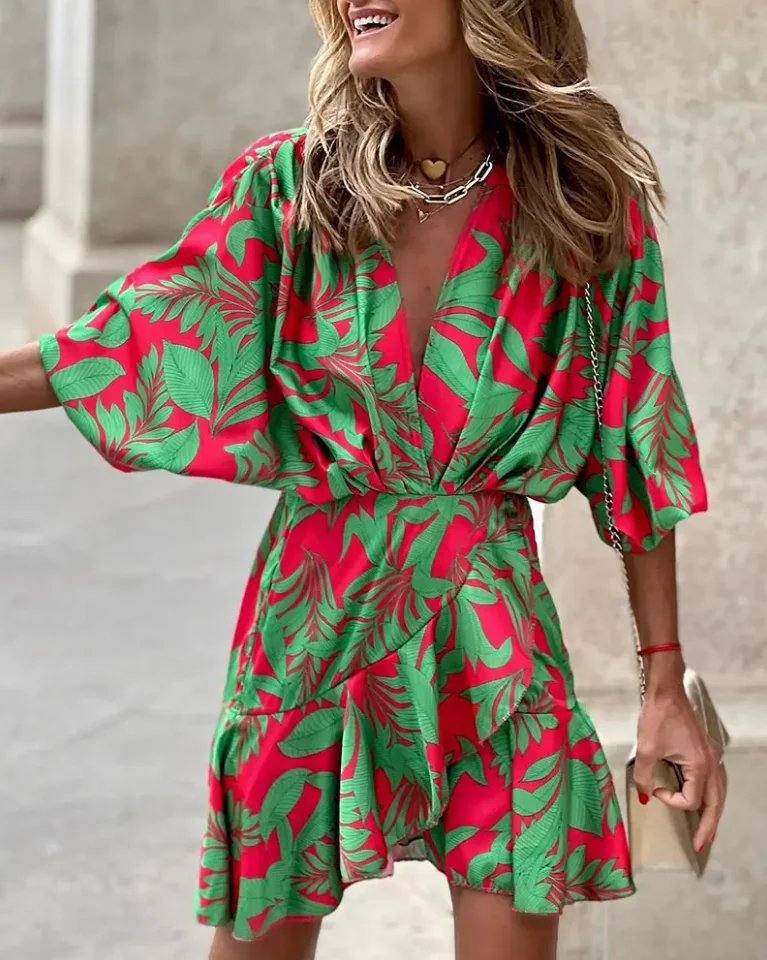

Summer Dresses Woman 2022 Sexy Batwing Sleeve Tropical Print Ruffle Hem A Line Wrap Mini Dress