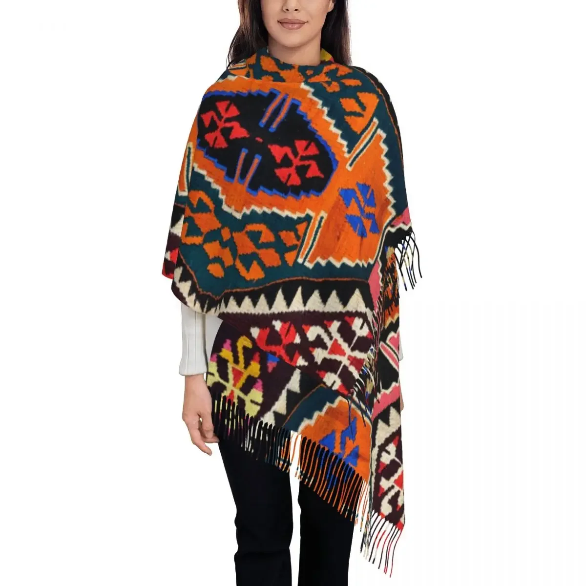 

Antique Style Kilim Navaho Weave Woven Textile Tassel Scarf Turkish Tribal Persian Ethnic Art Shawls Wraps Lady Winter Scarves