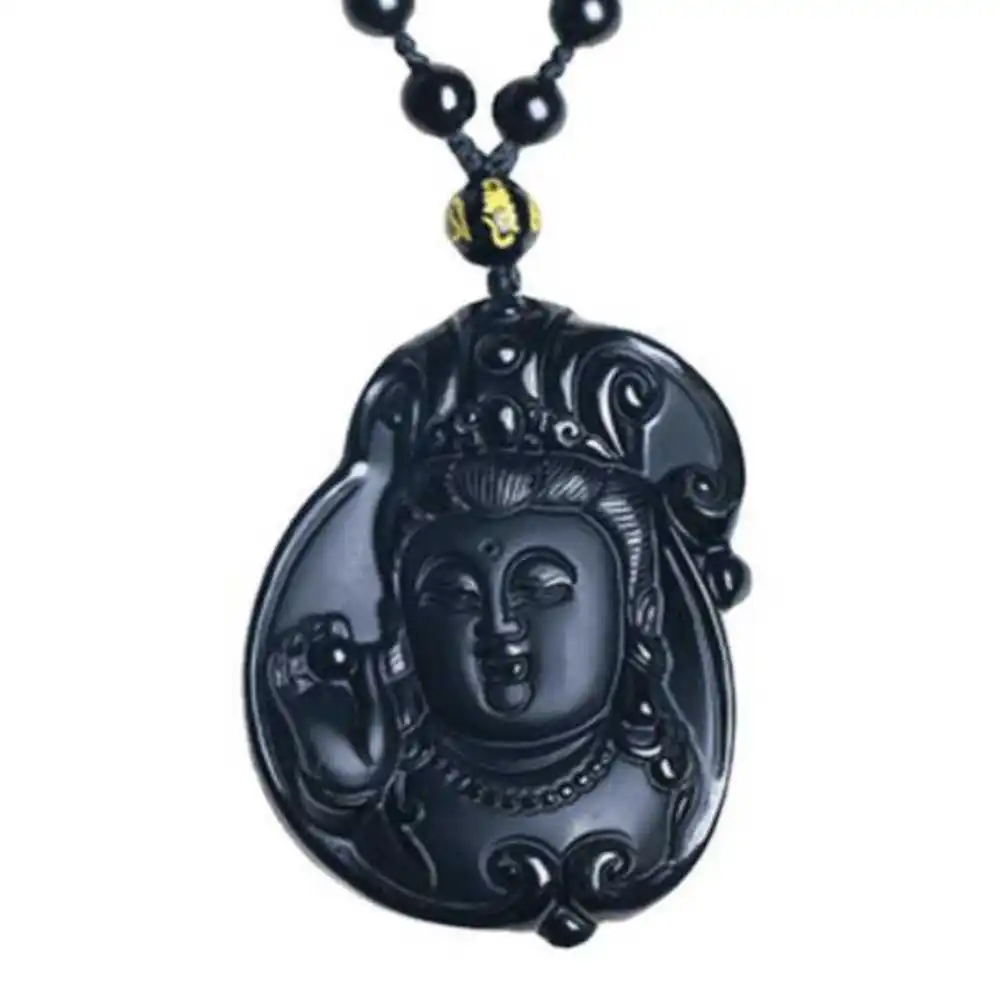 

Natural Obsidian Avalokitesvara Lucky Amulet Pendant Jewelry Necklace Stainless Gold Dragon Natural Gift Healing Pendants