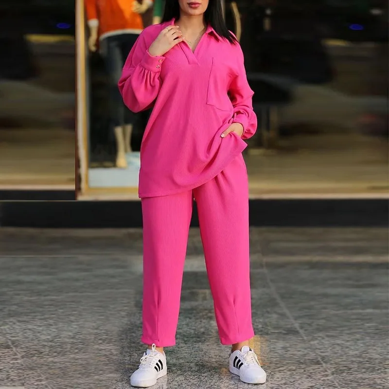 Women's Large Fashion Casual Set 2023 Autumn Polo Collar Long Sleeve Shirt High Waist Pocket Casual Pants
