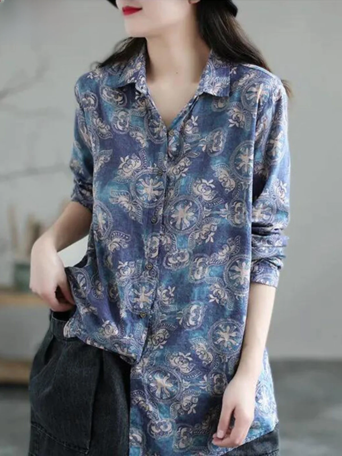 Рубашки с цветочным принтом женская одежда 2024 весна и осень новый свободный