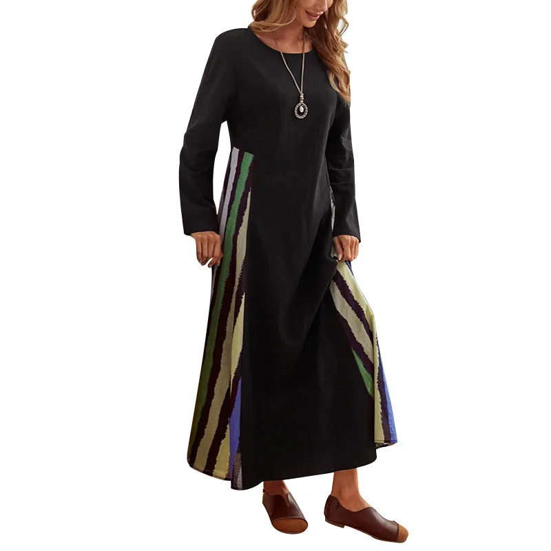 Middle East Arab Women's Dress Muslim Ramadan Robe Dubai Abaya Fashion Black Stripe Print Loose Casual Long Dress 2022 New