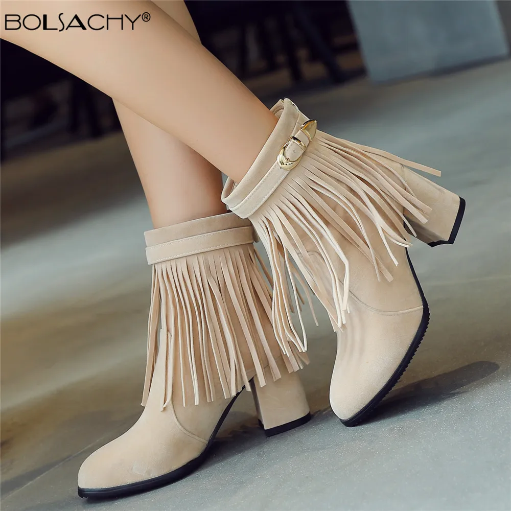 

New Style Women Retro Flock Round Toe High-top Ankle Buckle Fringe Chunky Heel Ankle Boots Autumn Women Platform Short Boots