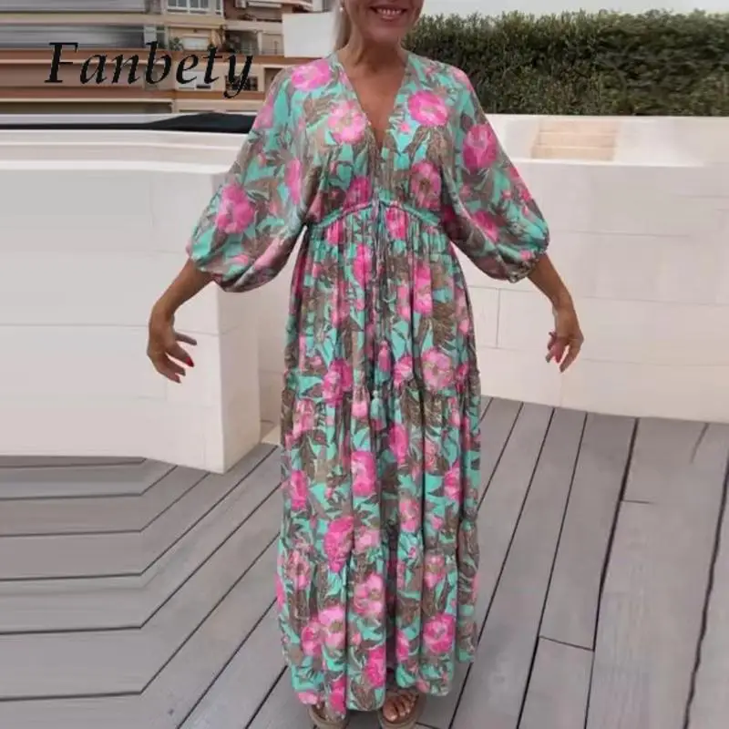 

Женское длинное пляжное платье в стиле ретро, повседневное эластичное свободное Плиссированное Платье макси с коротким рукавом, модное праздничное платье с V-образным вырезом и принтом в богемном стиле