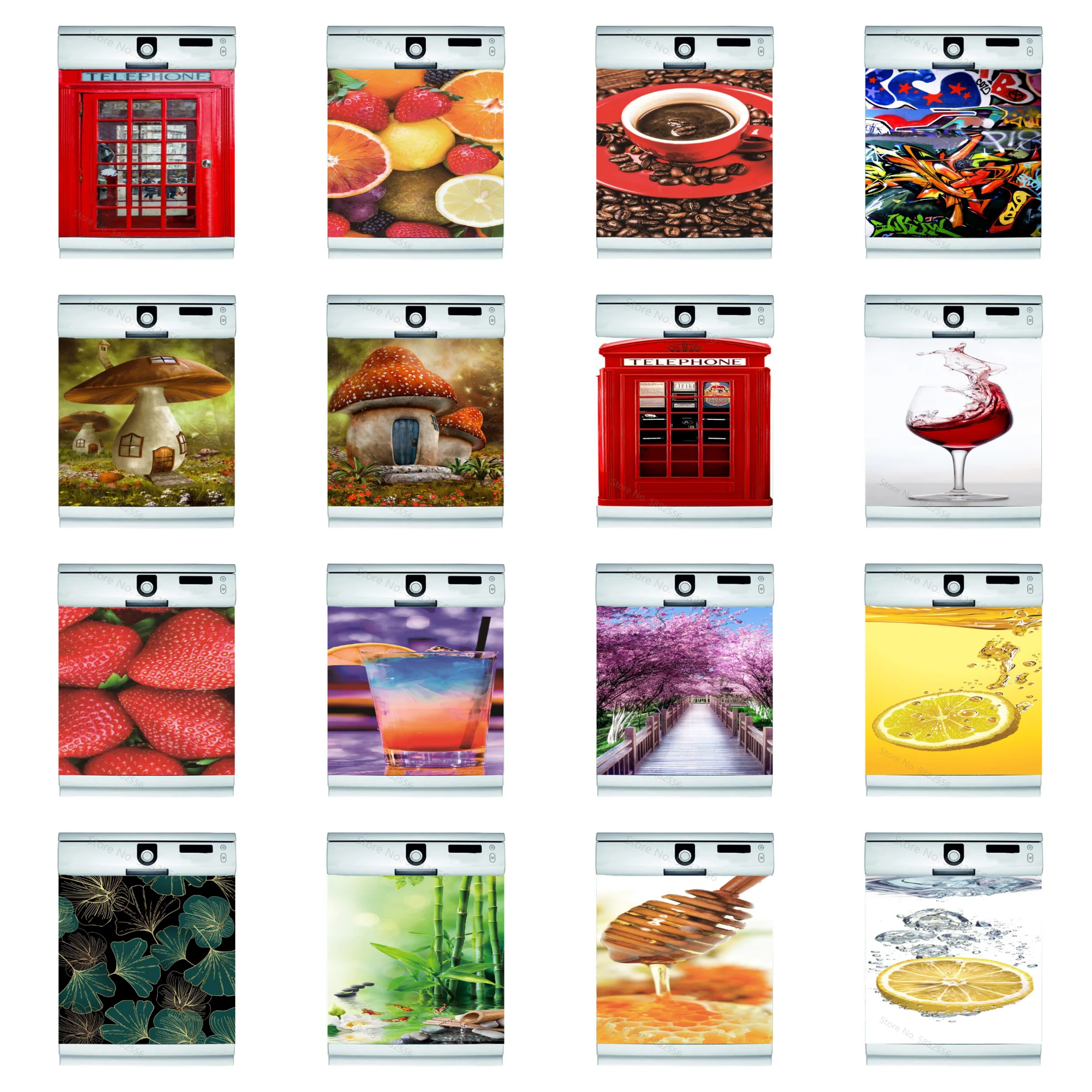 Mushroom Fruit Sticker On The Dishwasher Self-adhesive PVC Wallpaper Retro Fish Wall Decal Poster Customize Cabinet Door Decor
