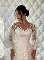 romantic wedding dress tulle puffy full sleeves 2022 lace sweep train a line minimalist bridal gown elegant women ceremony