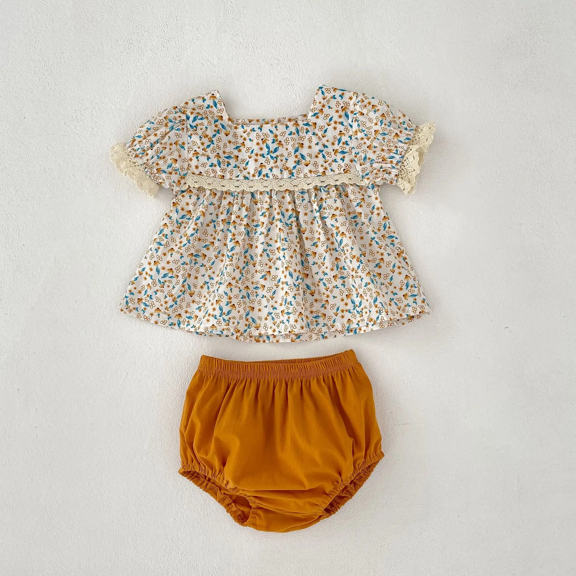 

2023 Summer Children Lace Cotton Clothes Set Girl Baby Floral Print Short Sleeve Tops+Solid Shorts 2pcs Kid Cotton Thin Tees Set