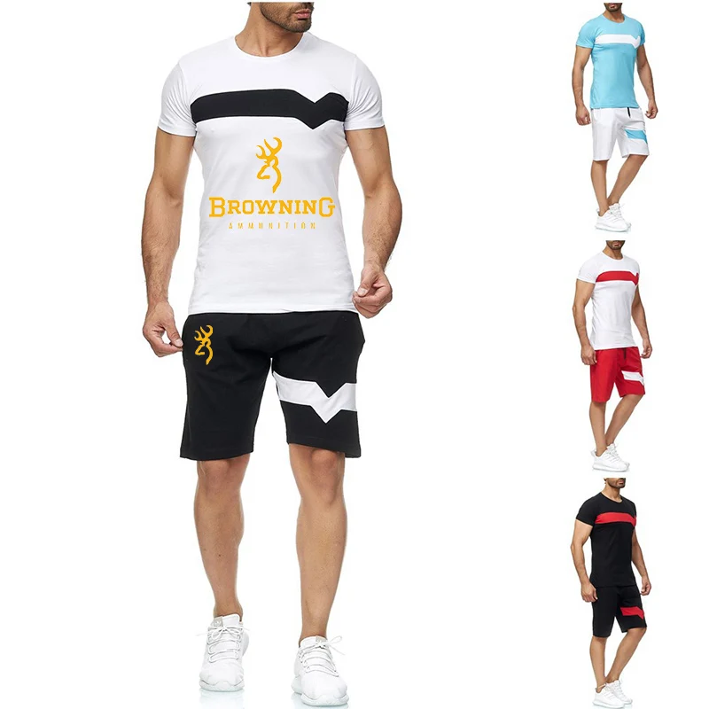 

2022 BROWNING Mens Summer Hot Sale Casual Short Sleeve T-shirt + Stitching Sportswear Casual Clothing 2-Piece Suits