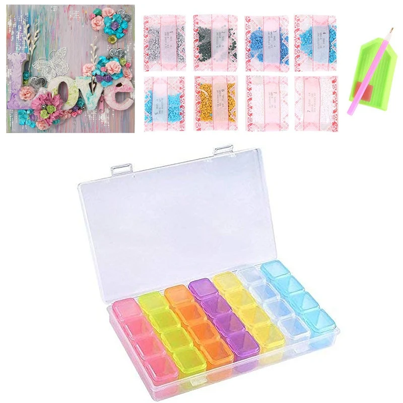 

Полностью круглая 5D алмазная картина «сделай сам», «цветочные буквы» и пластиковый контейнер для хранения с 28 ячейками, коробка для хранени...