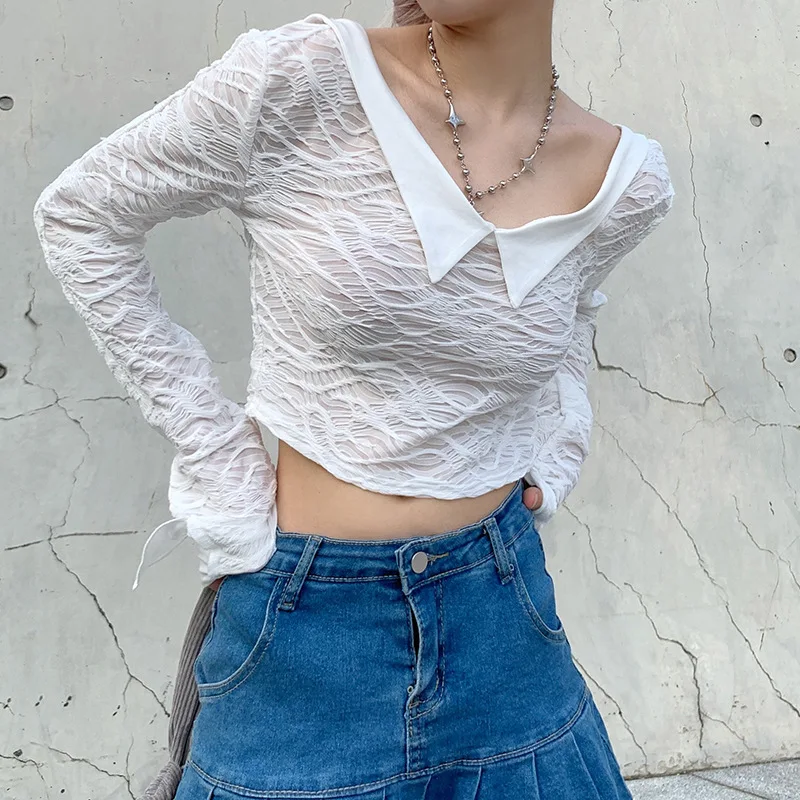 

Women Solid T-shirt Simple Irregular Wave Patterns Stitching Long Sleeves T-shirt 2022 Autumn POLO Collar One-shoulder Crop Tops