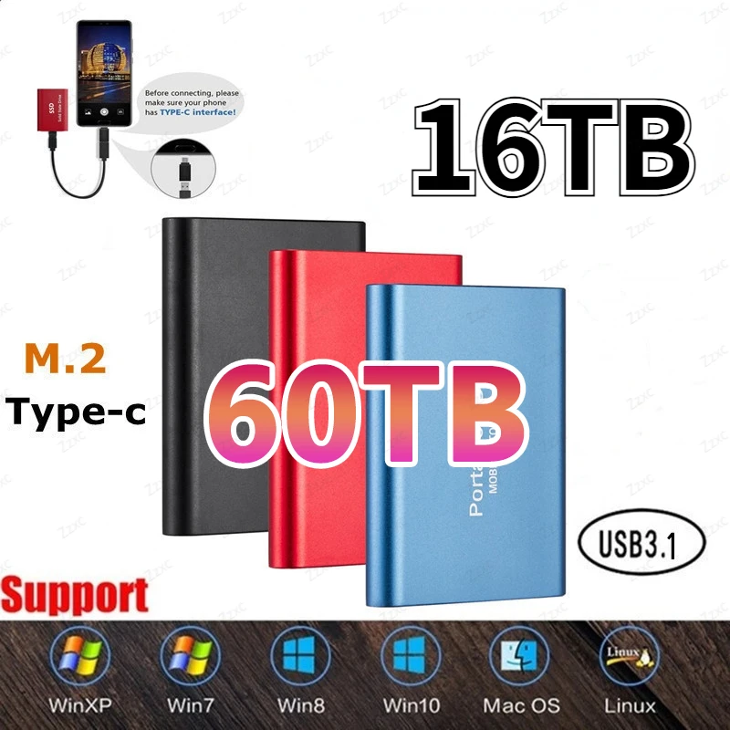 

60TB 30TB 16TB 8TB Mobile Hard Disk Type C Portable SSD Shockproof Aluminum Alloy Solid State Drive Tra hdd red nsmission Speed