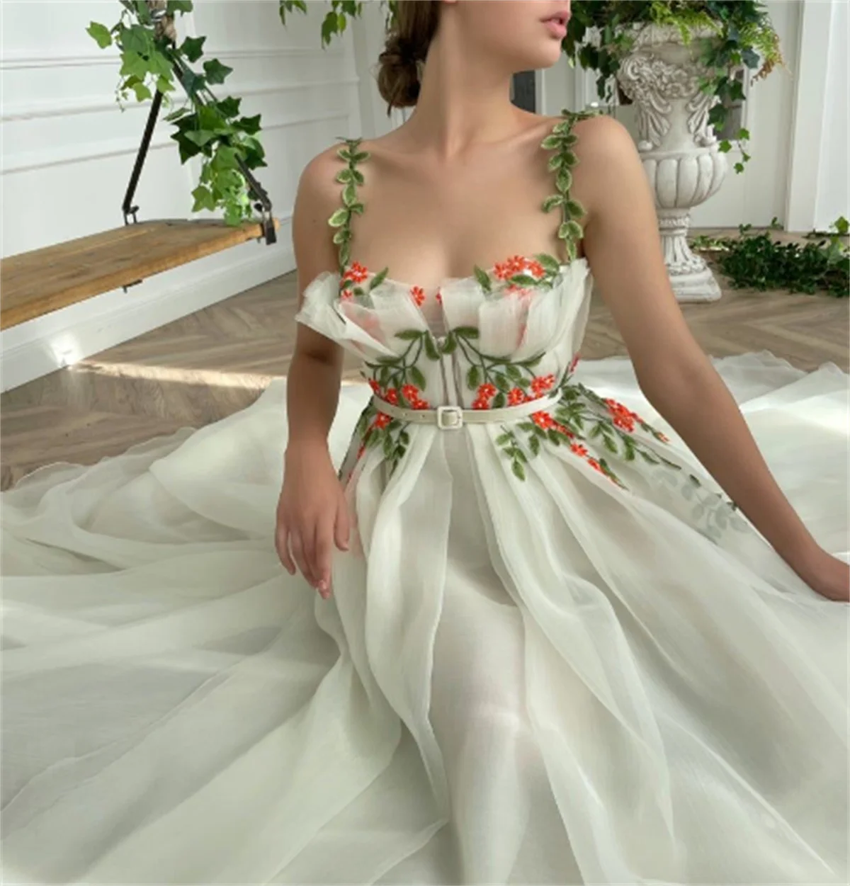

A-line Evening Prom Formal Party Embroidered Yarn 3d Flower Leaves Celebrity Dresses 2023 فساتين السهرة Vestidos De Noche