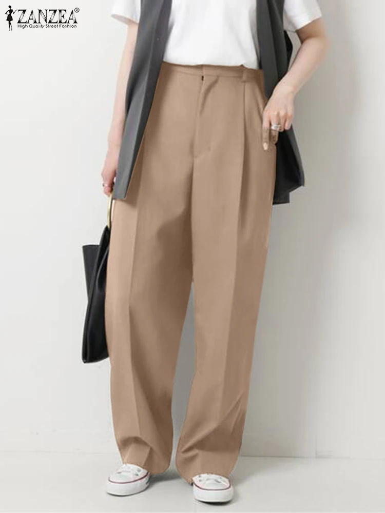 

ZANZEA Women Spring Solid Color Pants Zipper Oversized Pantalon Fashion Trouser Elegant Work OL Holiday Elastic Waist Palazzo