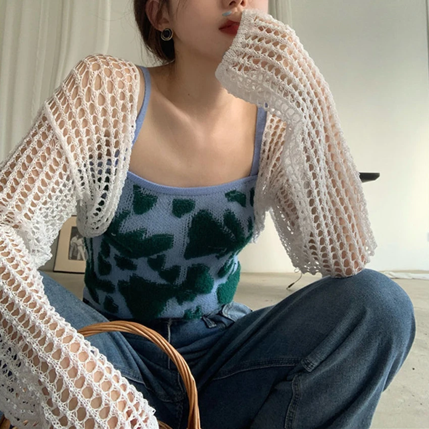 

Women Long Sleeve Hollow Out Knitted Cardigan Crop Top Sexy Sunscreen Sweater Coat y2k Clothes Designer Korean Cardigans