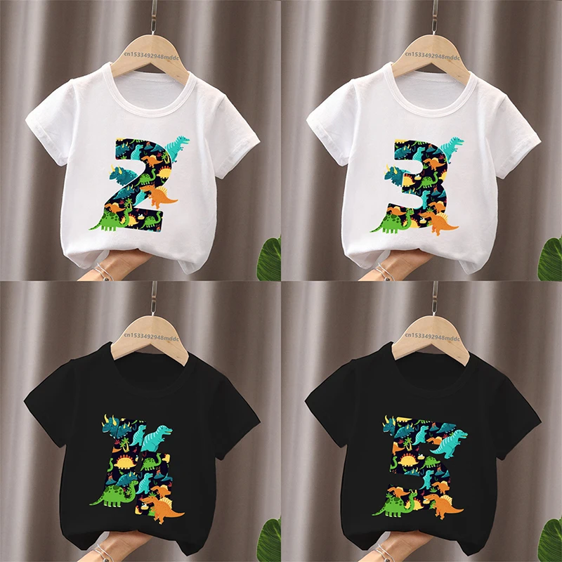 Different Dinosaur Tyrannosaurus Rex Birthday Number Bow Kids T shirt 1 2 3 4 5 6 7 8 9 Years Girls Clothes Baby Boys T-Shirts