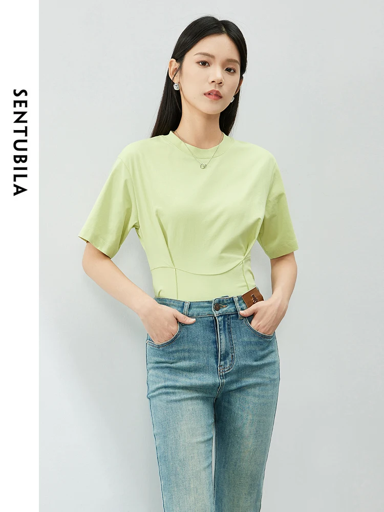 SENTUBILA однотонная хлопковая футболка с круглым вырезом повседневные тонкие